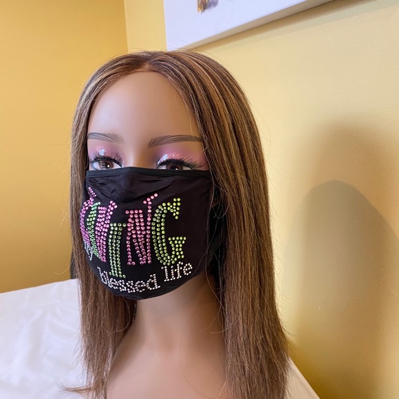 Living My Blessed Life Bling Rhinestone Face Mask Pink and Green - Picture 4 of 8